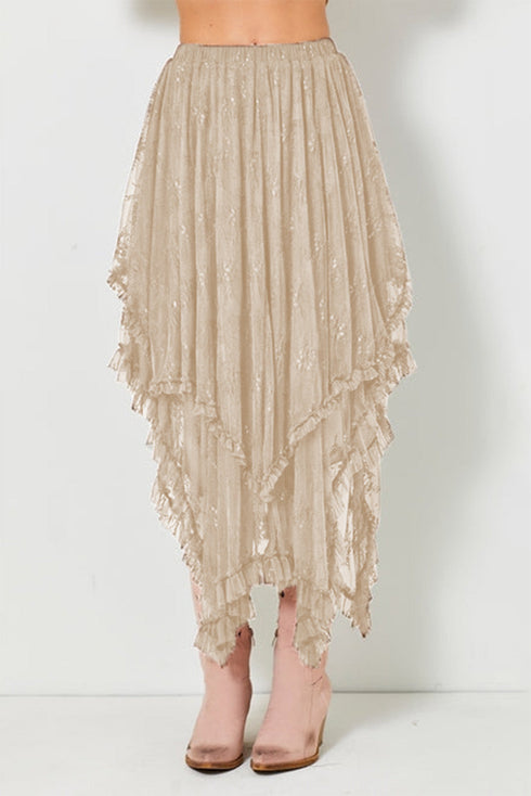 Bohemian Floral Lace Cascading Ruffle Tiered Asymmetrical Maxi Skirt